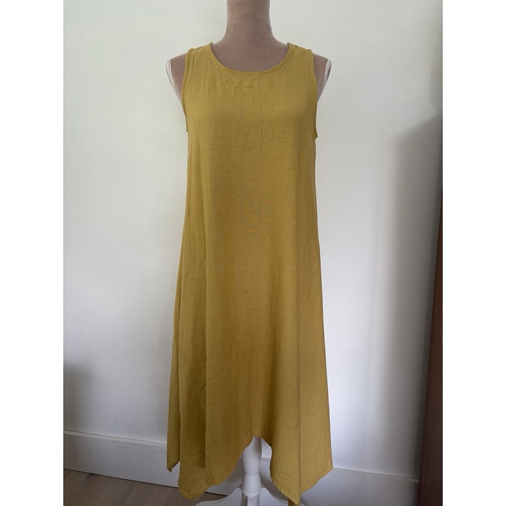 Mustard Yellow Linen Blend Midi Dress Women’s Sleeveless Swing Casual Summer